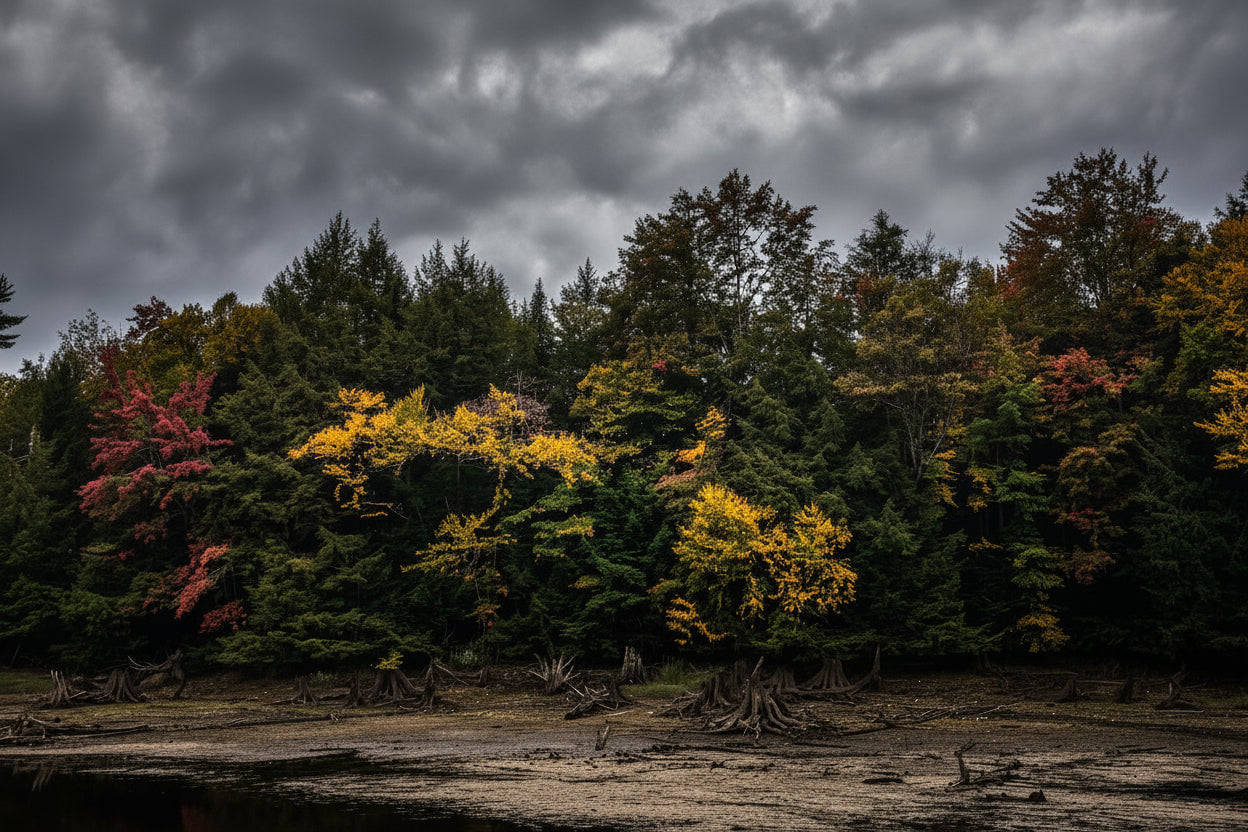 Forest with trees displaying autumn colors under a cloudy sky.
